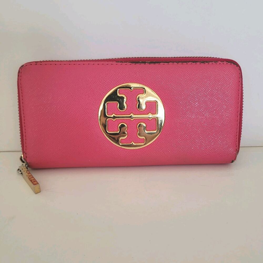 Tory Burch Solid Pink Saffiano Leather Zip Around Large Wallet Long Clutch Fair